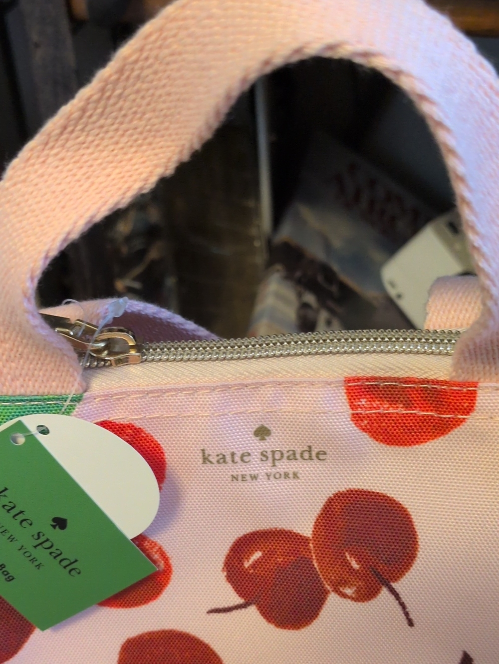 KATE SPADE Pink Cherry Print Lunch Bag New With Tags Tag Is Inside Bag In Order - Picture 4 of 7